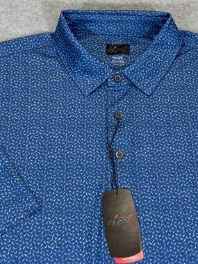 Greg Norman Play Dry Men's XL Performance Polo Shirt Blue Shark Print Golf NWT
